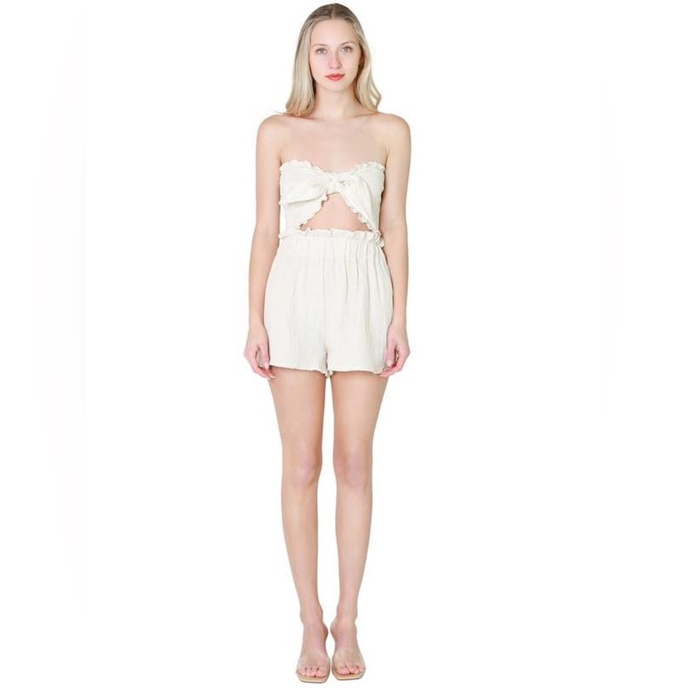 Mable Two Piece Set Bandeau Top and High Waisted Shorts in Cream - Size Small - Picture 6 of 16
